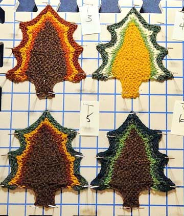 knitted tree ornaments pinned and blocked