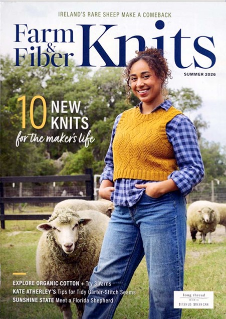 cover of summer 2026 farm and fiber with woman in a cropped knitted sweater