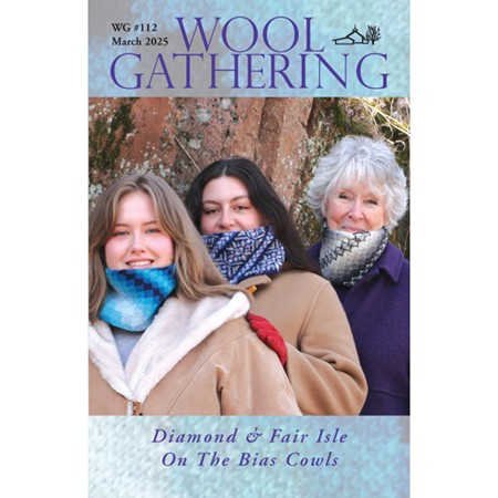 cover of wool gathering 112 cowls on the bias with three women wearing the cowls in blue or gray diamond shading or snowflake fair isle in blue/gray
