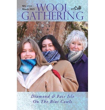 Wool Gathering Issue 112 cover, three women wearing Diamond and Fair Isle motif Cowls in blues/greys