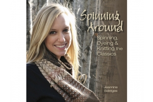 cover of the book Spinning Around, woman wearing the knitted grouse scarf in browns and cream