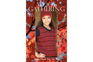 image of cover of Wool Gathering issue 115 with woman in Sugar Maple Fair Isle Vests in reds, oranges, with bright blue accent