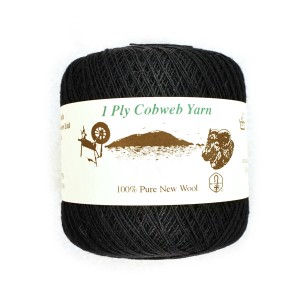 image of ball of 1 ply Cobweb Yarn in black with belly band that says 100% Pure New Wool
