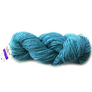 Full skein of turquoise Regal wool, with tag from Briggs and Little Mill saying REGAL