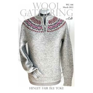 cover of Wool Gathering booklet with Henley Fair Isle Yoke sweater with gray body and red, purple, pink, red, cream yoke in traditional Fair Isle patterns