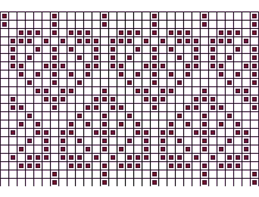 close up of a color knitting pattern chart, hearts or aspen leaf shapes in red on white graph