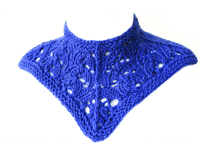 close up of a lace pointed cowl in purple