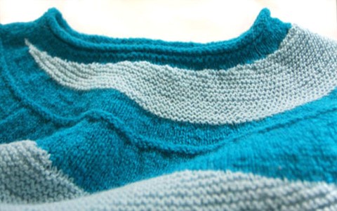 close up of splash and cloud shetland ebb and flow sweater yoke
