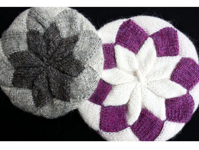 image of entrelac knit hats in gray and purple