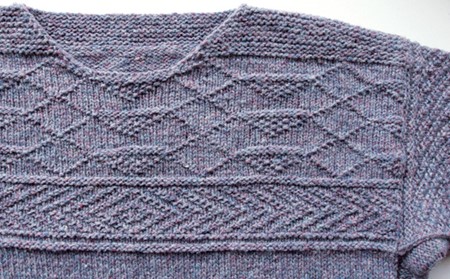 yoke of a guernsey sweater in purple heather