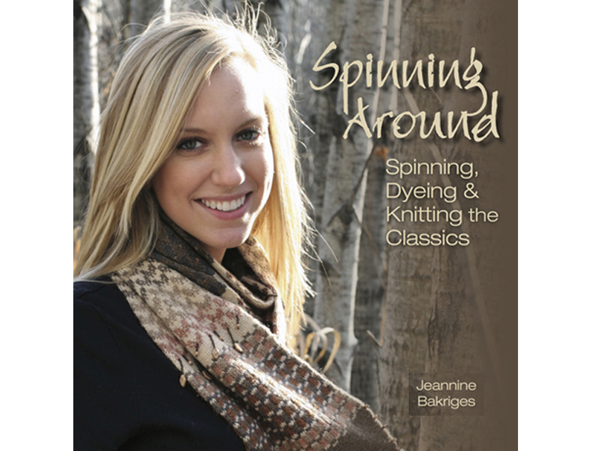 cover of the book Spinning Around, woman wearing the knitted grouse scarf in browns and cream