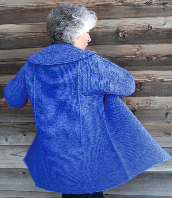 Meg Swansen in blue EZ Coat showing back of collar
