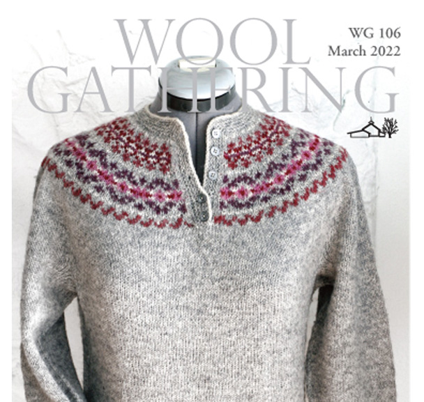 Wool Gathering booklet cover with Issue 106 image of henley fair isle yoke in gray and pinks