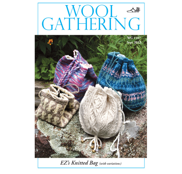 Wool Gathering booklet cover with Issue 107 image of henley fair isle yoke in gray and pinks