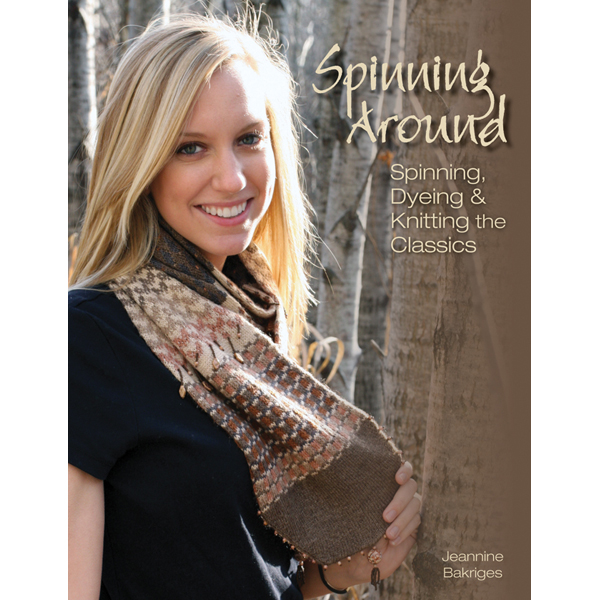 cover of Spinning Around book, woman wearing grouse toe-sock scarf in browns and cream