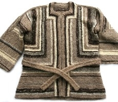 handknitted jacket with belt, shaded and striped in browns and grays