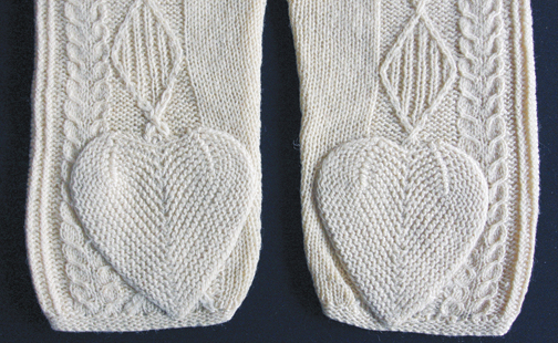 knitted hearts on knitted sweater sleeves