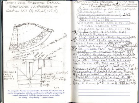 inside of Meg Swansen's knitting journal with drawing and notes