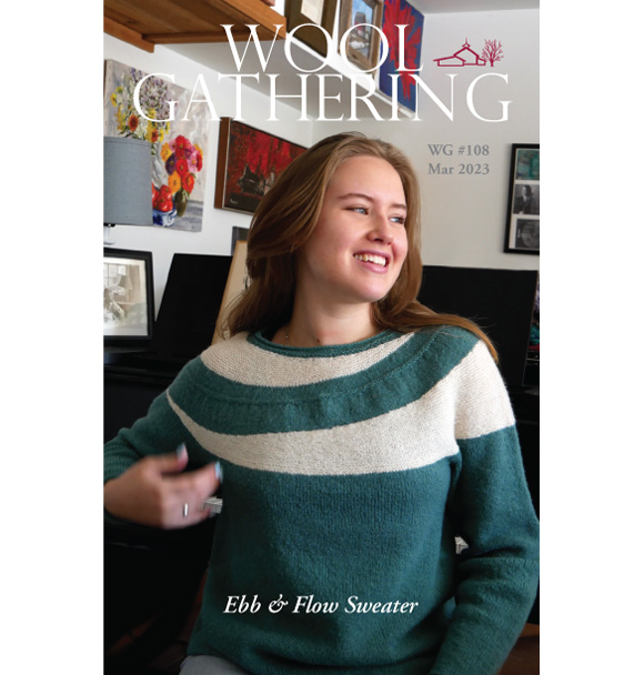 Wool Gathering booklet cover with Issue 108 image of woman wearing a eucalyptus yoke sweater with natural white waves across the yoke